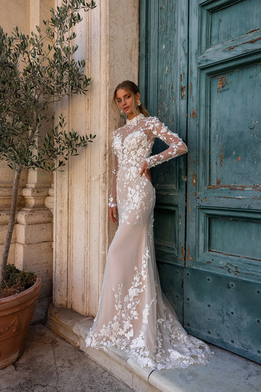 Mermaid Lace Wedding Dress Long Sleeves Illusion Tulle Applique Robe De Mariée High Neck Button Back Bride Gowns Custom Pink