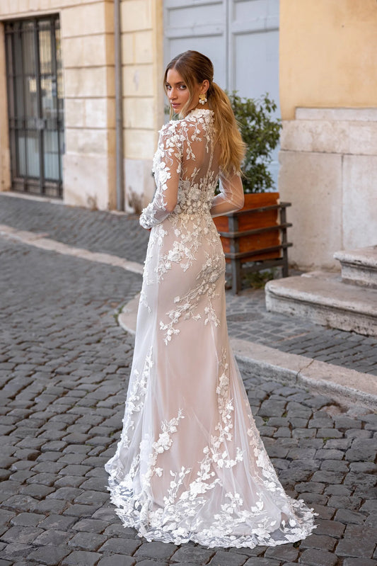 Mermaid Lace Wedding Dress Long Sleeves Illusion Tulle Applique Robe De Mariée High Neck Button Back Bride Gowns Custom