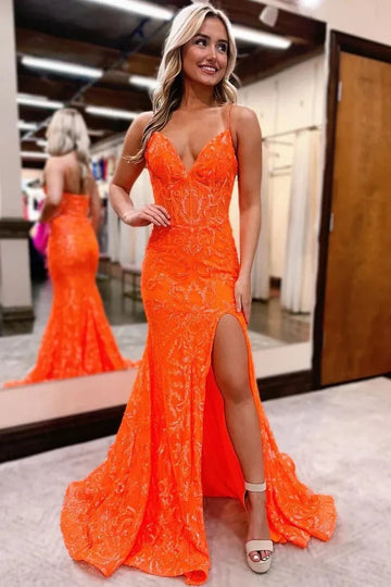 Sexy Spaghetti Strap Prom Dress Glitter Embroid Party Dress Orange Mermaid Vestidos De Noche