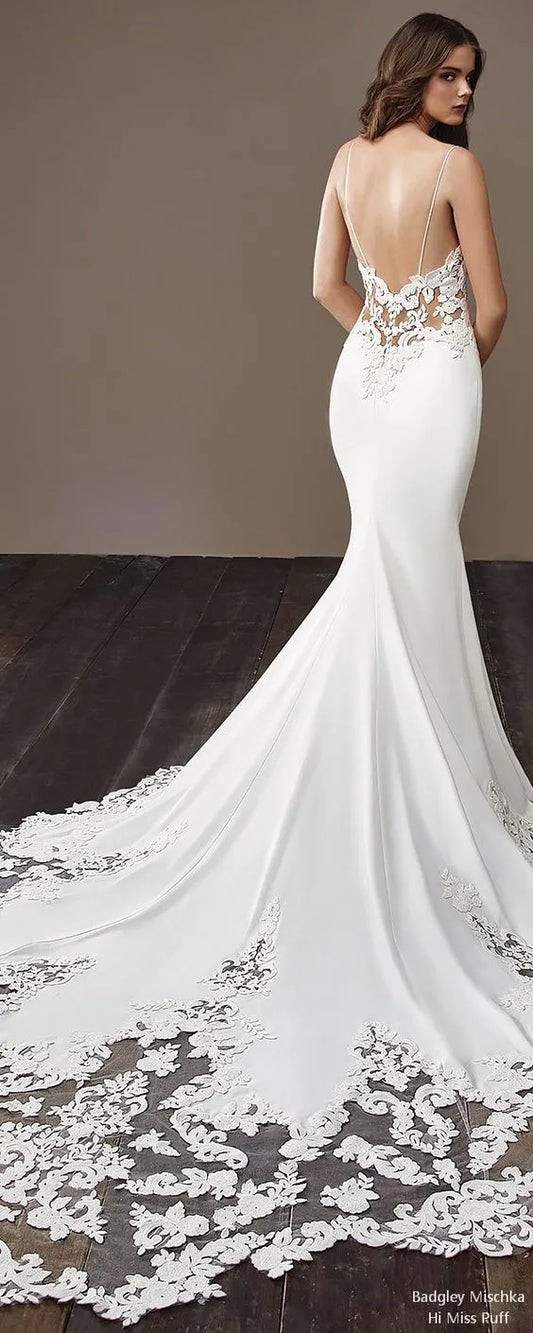 Modern Lace Satin Mermaid Wedding Dresses Sweetheart Sleeveless Bridal Gown Simple Plain Long Train Sweep Train Custom Made