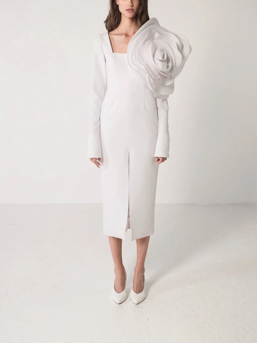 Vintage White Mermaid Prom Dresses Pleat 3D Flower Evening Dresses Square Neck Tea-Length Long Slit Prom Gown