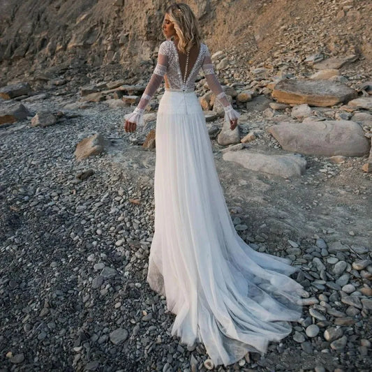 Princess A-Line Lace Bridal Gowns Charming V-Neck Backless Wedding Dress Long Sleeves Vestidos De Novia Custom Made