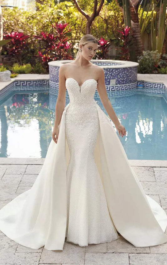 Vestidos De Novia Beach Sexy Wedding Dress Mermaid Strapless Lace Applique Satin Bridal Gown Detachable Train Robe De Soiree As Picture