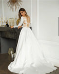 Graceful V Neck Satin Wedding Dresses Long Sleeve Bridal Gowns Lace Appliqued Illusion Back Sweep Train Wedding Dress