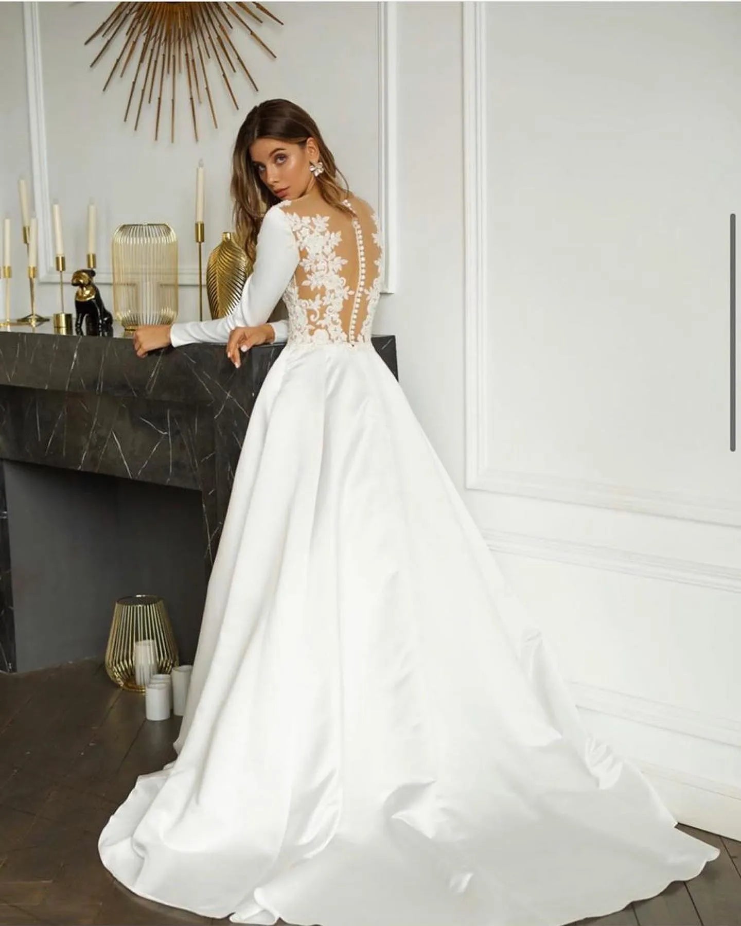 Graceful V Neck Satin Wedding Dresses Long Sleeve Bridal Gowns Lace Appliqued Illusion Back Sweep Train Wedding Dress