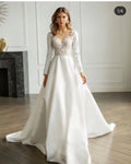 Graceful V Neck Satin Wedding Dresses Long Sleeve Bridal Gowns Lace Appliqued Illusion Back Sweep Train Wedding Dress As Picture