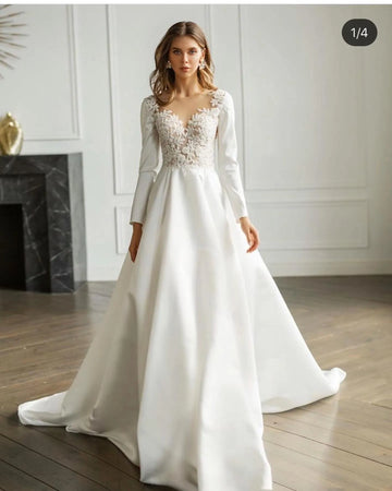Graceful V Neck Satin Wedding Dresses Long Sleeve Bridal Gowns Lace Appliqued Illusion Back Sweep Train Wedding Dress As Picture