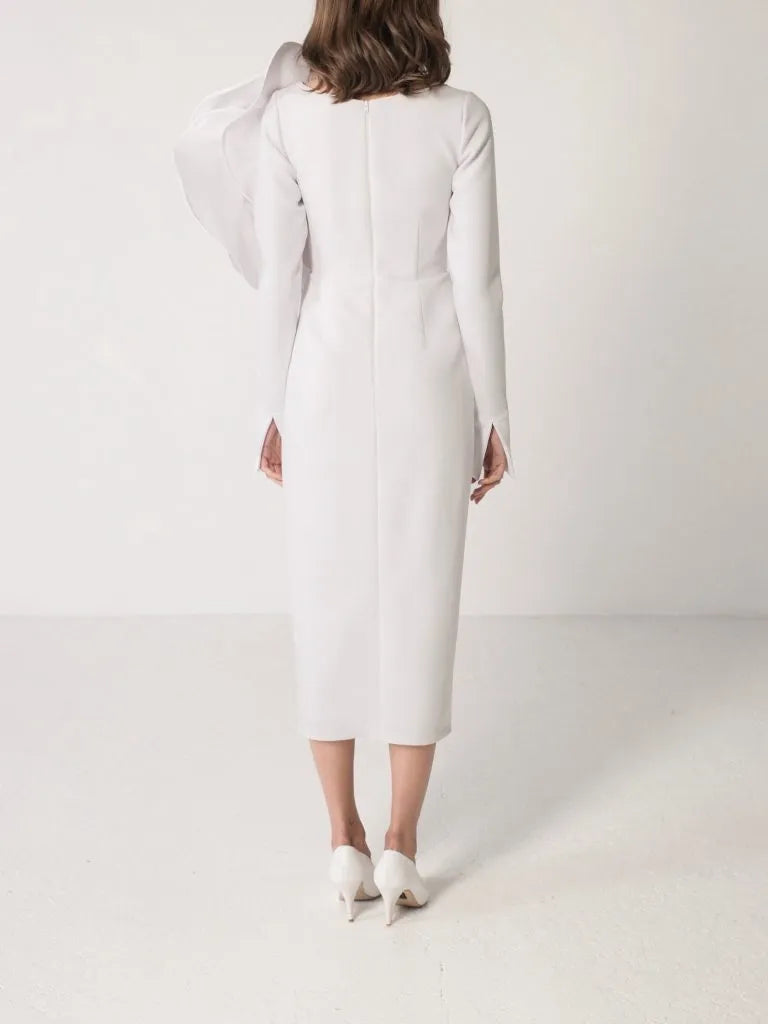 Vintage White Mermaid Prom Dresses Pleat 3D Flower Evening Dresses Square Neck Tea-Length Long Slit Prom Gown