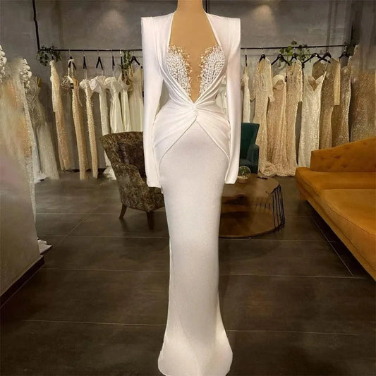 Luxury White Pearls Satin Mermaid Wedding Dress Sweetheart Long Sleeves Bridal Gown Robe Custom Made Vestidos De Novia As Picture