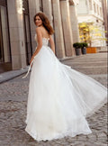 Graceful A Line Wedding Dresses Strapless Ribbon Beads Appliques Tulle Bridal Gowns Sweep Train Custom Made Vestidos De Novia