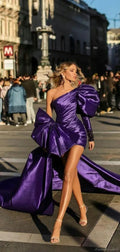 Summer Purple Mini Prom Dresses With Detachable Train Pleats Long Sleeve Evening Gowns Pageant Dress Robes De Soirée