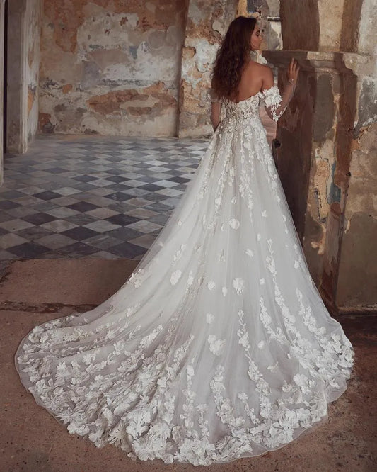 Luxury Elegant Wedding Dresses A Line Woman's Pastrol 3D Flower Lace Applique Princess Bride Gowns Formal Vestidos De Novia