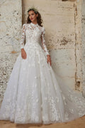High Neck Long Sleeve Wedding Dresses A-line Tulle Princess Vestidos De Novia Sexy Lace Backless Bridal Party White