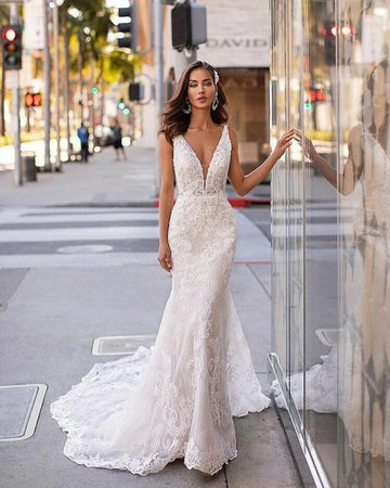 Modern Wedding Dresses Elegant Bridal Gowns Lace Appliques Sexy Deep V-Neck Backless Robes For Formal Party Vestidos De Novia Custom Color