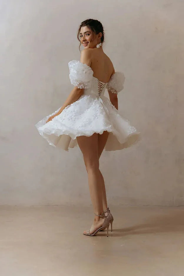 Lace Mini Short Wedding Dresses Lace Up Puffy Puff Sleeves Square Neck Bridal Party Gowns A Line Backless Vestido de Novia