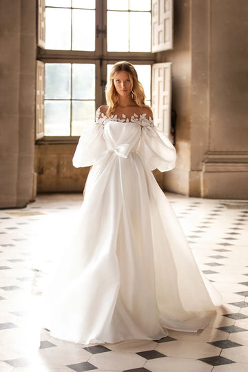 Gorgeous Women's White Bridal Dresses Elegant Decal Bubble Sleeve A-Line Satin Princess Wedding Gowns Formal Beach Party Robe De Beige