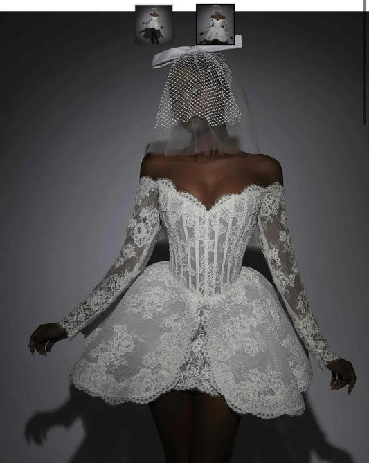 Classic Short Lace Prom Dresses Strapless Long Sleeves Mini Length Bridal Wedding Recepetion Gowns With Bones Evening Gowns