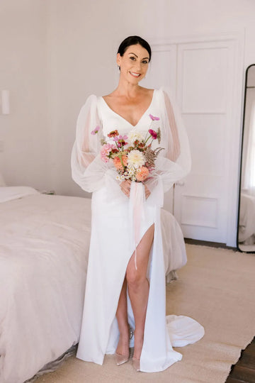 Elegant Long Puffy Sleeve High Side Silt Stain Wedding Dress Simple V-Neck Backless Sequin Floor Length Tulle Bridal Gown Custom Color