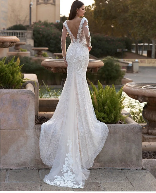 Mother Of The Bride Gown - Luxury Lace Appliques Sequins Mermaid Wedding Dress V-Neck Long Sleeve Backles Sweep Train Bride Gown Vestidos De Noiva