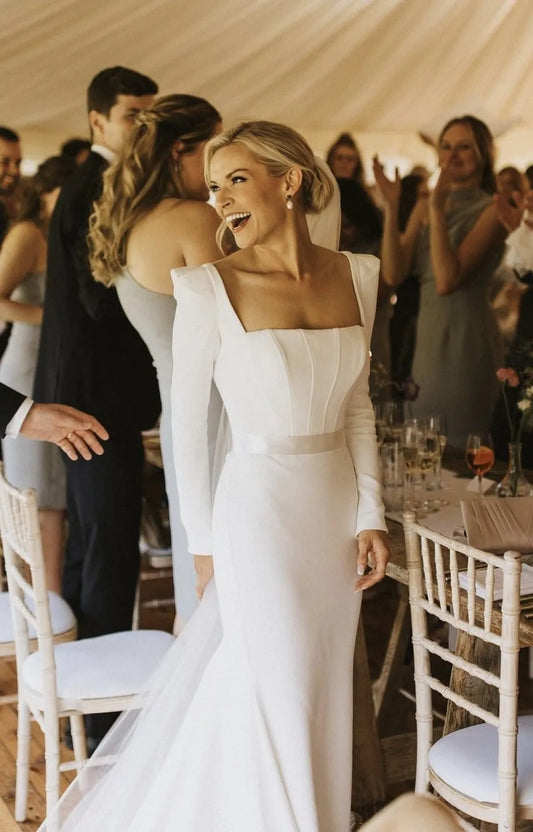 Elegant Meramid Wedding Dresses Women Long Sleeve Square Collar Belt Simple Satin Bridal Gown Sweep Train Vestidos De Noiva