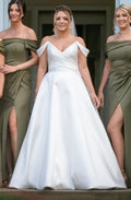Simple Off The Shoulder Pleated Stain Wedding Dress Elegant Criss-Cross V-Neck A-Line Floor Length Backless Bridal Gown
