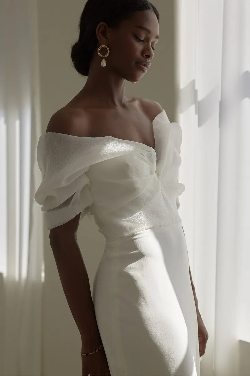 Simple Elegant Mermaid Wedding Dresses Organza Off The Shoulder V-Neck Bridal Gowns Sweep Train Beach Plain Vestido de novia
