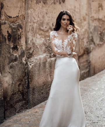 Wedding Dress with Sheer Lace Bodice and Long Sleeves Bridal Gown in Soft Satin vestidos elegantes For Women Custom Made Size Champagne