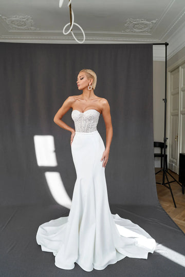 Two Pieces Shiny Beaded Strapless Mermaid Wedding Dress Zipper Back Elegant Floor Length Bridal Gown Custom Made White