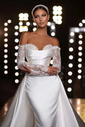 Fall In Love Dress Custom Wedding Dress For Women Off-Shoulder Lace Appliques Long Sleeves Mermaid Satin Bridal Gown