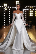 Fall In Love Dress Custom Wedding Dress For Women Off-Shoulder Lace Appliques Long Sleeves Mermaid Satin Bridal Gown