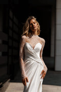 High Neck Long Sleeves Pleats Lace Mermaid Wedding Dress High Side Slit Illusion Zipper Back Court Train Bridal Gown