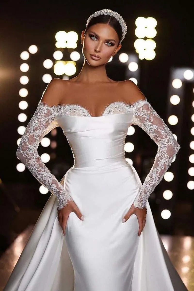 Fall In Love Dress Custom Wedding Dress For Women Off-Shoulder Lace Appliques Long Sleeves Mermaid Satin Bridal Gown