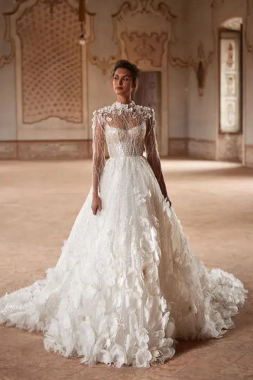Ball Gown Luxury Wedding Dresses High Neck Long Sleeve Vestido De Novia Embroidery 3D Flowers Robe De Mariee Custom Color