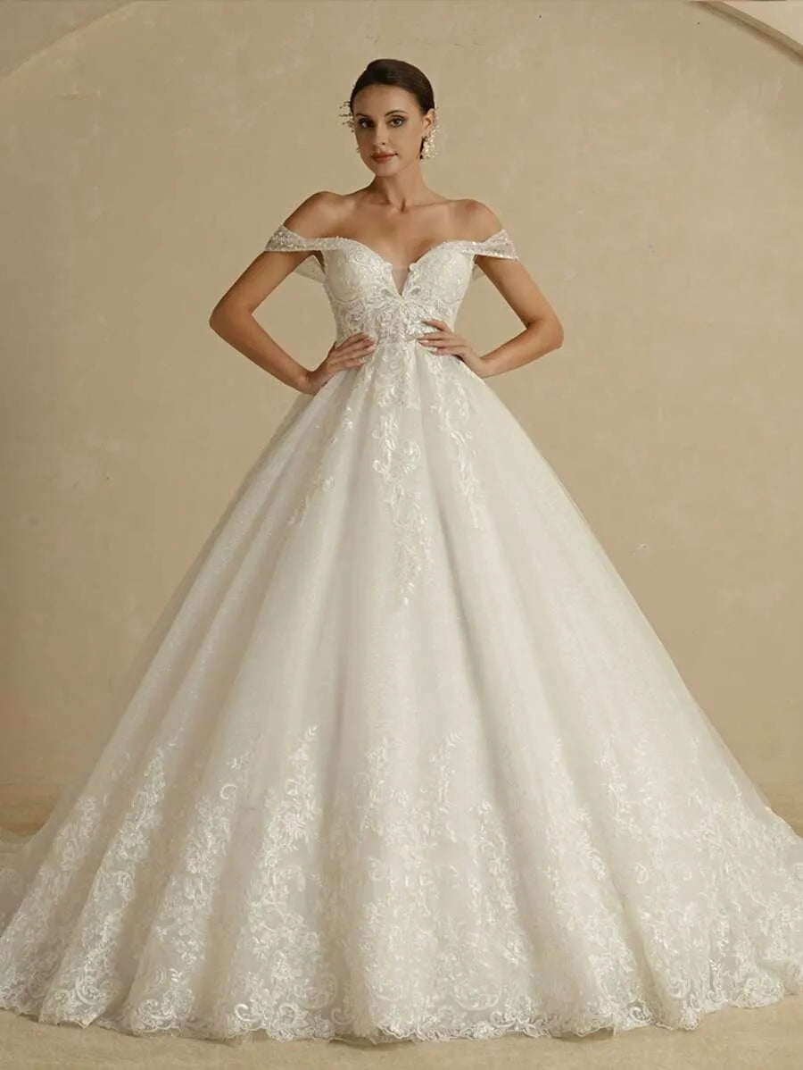 Exquisite Wedding Dress For Woman Ball Gown Off the Shoulder Sleeveless Bridal Gown Lace Appliques Sweep Train Tulle Customed White