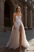 Beach Off Shoulder Split Wedding Dresses Lace Floral Glitter Underlay A Line Bride Gowns Front Slit Sexy Bridal Gowns