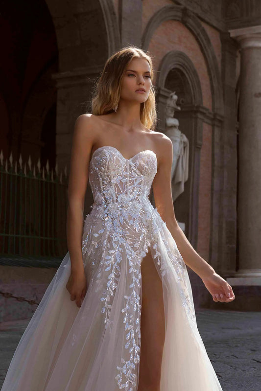 Beach Off Shoulder Split Wedding Dresses Lace Floral Glitter Underlay A Line Bride Gowns Front Slit Sexy Bridal Gowns