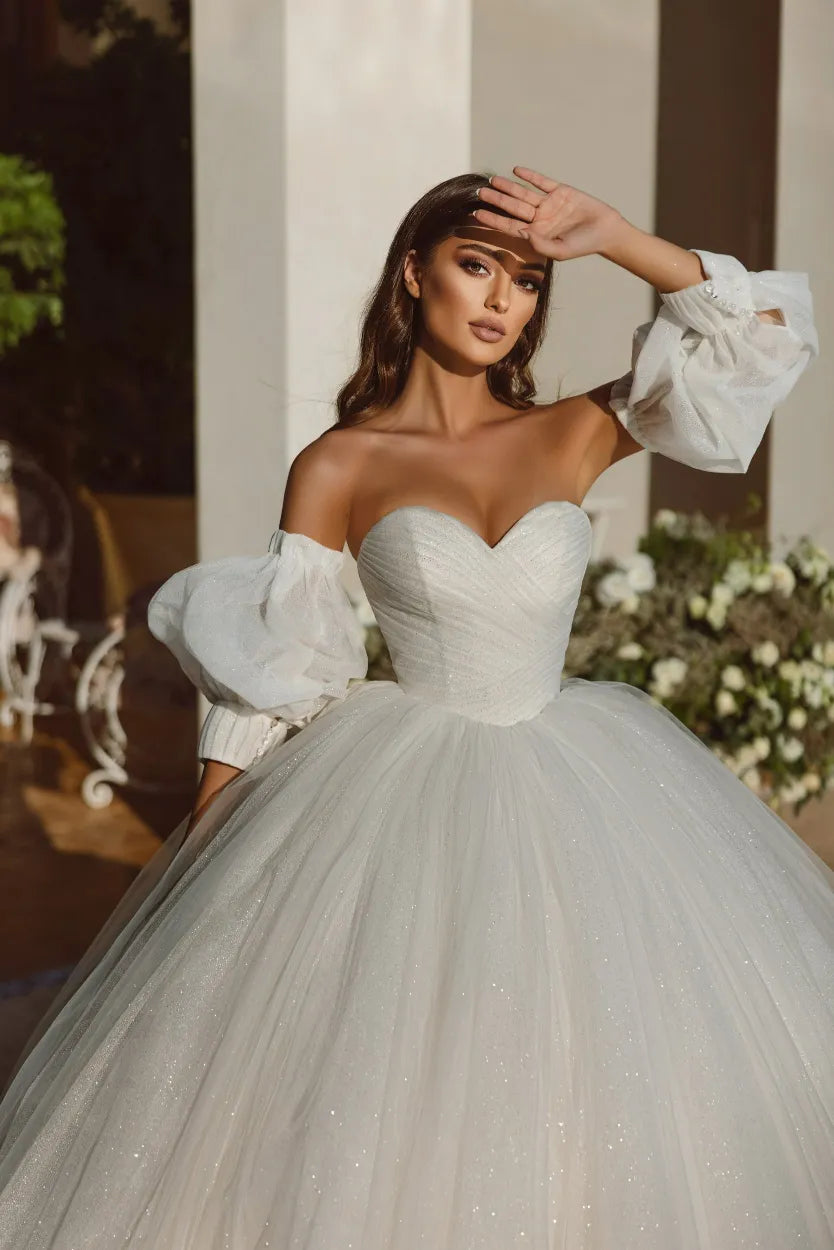 Elegant Wedding Dresses Luxury Off Shoulder Detachable Fluffy Sleeves Beautiful Court Train Princess Mopping Bridal Gown