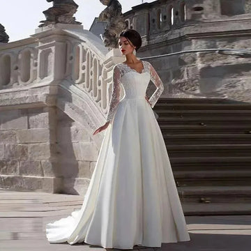 Simple Wedding Dress Lace V-Neck Long Sleeves A-Line Satin Floor-Length Sweep Train Bridal Dress Vestidos de novia Ivory