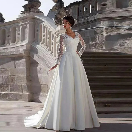 Simple Wedding Dress Lace V-Neck Long Sleeves A-Line Satin Floor-Length Sweep Train Bridal Dress Vestidos de novia Ivory