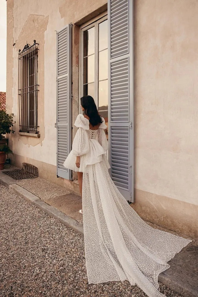 Fitted Translucent Corset with a Straight Neckline, Lace-up Back Wedding Dress Satin Vestido De Novia Court Train Bow Bridal Gown Skirt Dress