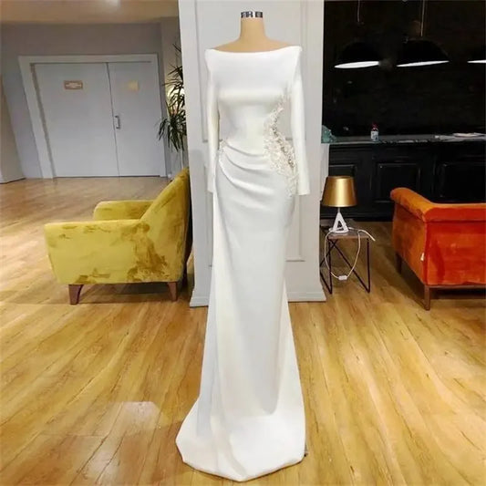 Simple Mermaid Wedding Dress Boat Neck Long Sleeves Soft Satin Applique Beading Women Bridal Gowns Custom Made Vestidos De Noiva