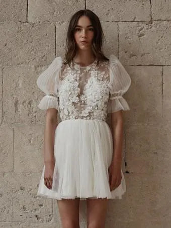 White Short Wedding Dress Tea Length Jewel Neck Long Sleeves A-Line V-Nec Bow Satin Court Train Sleeves White Modern Bridal Vestido De Novia Princess Gown Satin Mermaid