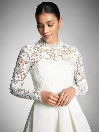 Ivory A-Line Calf Length Turtleneck Long Sleeves Wedding Dress Modern Princess White Vestido De Novia Mermaid Satin Bow Satin Court Train Sleeves Bridal Gowns
