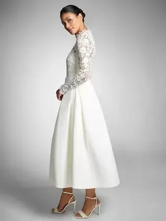 Ivory A-Line Calf Length Turtleneck Long Sleeves Wedding Dress Modern Princess White Vestido De Novia Mermaid Satin Bow Satin Court Train Sleeves Bridal Gowns