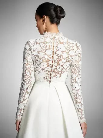 Ivory A-Line Calf Length Turtleneck Long Sleeves Wedding Dress Modern Princess White Vestido De Novia Mermaid Satin Bow Satin Court Train Sleeves Bridal Gowns