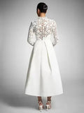Ivory A-Line Calf Length Turtleneck Long Sleeves Wedding Dress Modern Princess White Vestido De Novia Mermaid Satin Bow Satin Court Train Sleeves Bridal Gowns