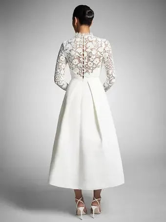Ivory A-Line Calf Length Turtleneck Long Sleeves Wedding Dress Modern Princess White Vestido De Novia Mermaid Satin Bow Satin Court Train Sleeves Bridal Gowns