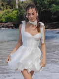 Ivory A-Line Calf Length Turtleneck Long Sleeves Wedding Dress Modern Princess White Vestido De Novia Mermaid Satin Bow Satin Court Train Sleeves Bridal Gowns