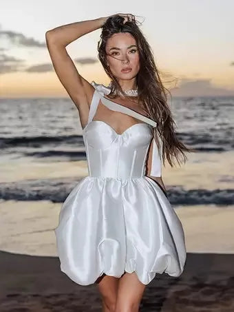 Ivory A-Line Calf Length Turtleneck Long Sleeves Wedding Dress Modern Princess White Vestido De Novia Mermaid Satin Bow Satin Court Train Sleeves Bridal Gowns