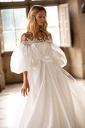 Gorgeous Women's White Bridal Dresses Elegant Decal Bubble Sleeve A-Line Satin Princess Wedding Gowns Formal Beach Party Robe De